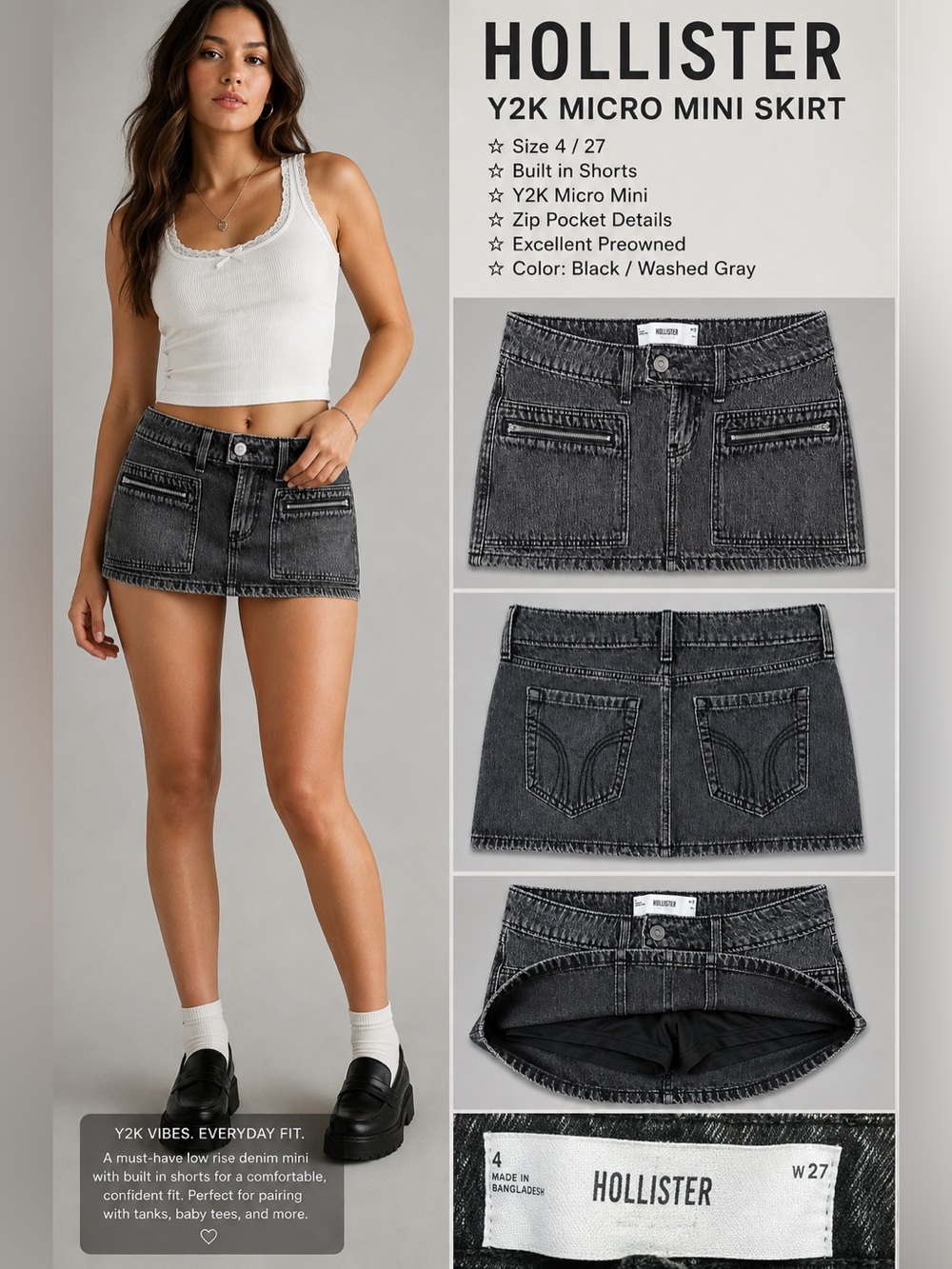 Hollister Y2K Black Wash Denim Micro Mini Skort Size 4 27 Zip Pockets